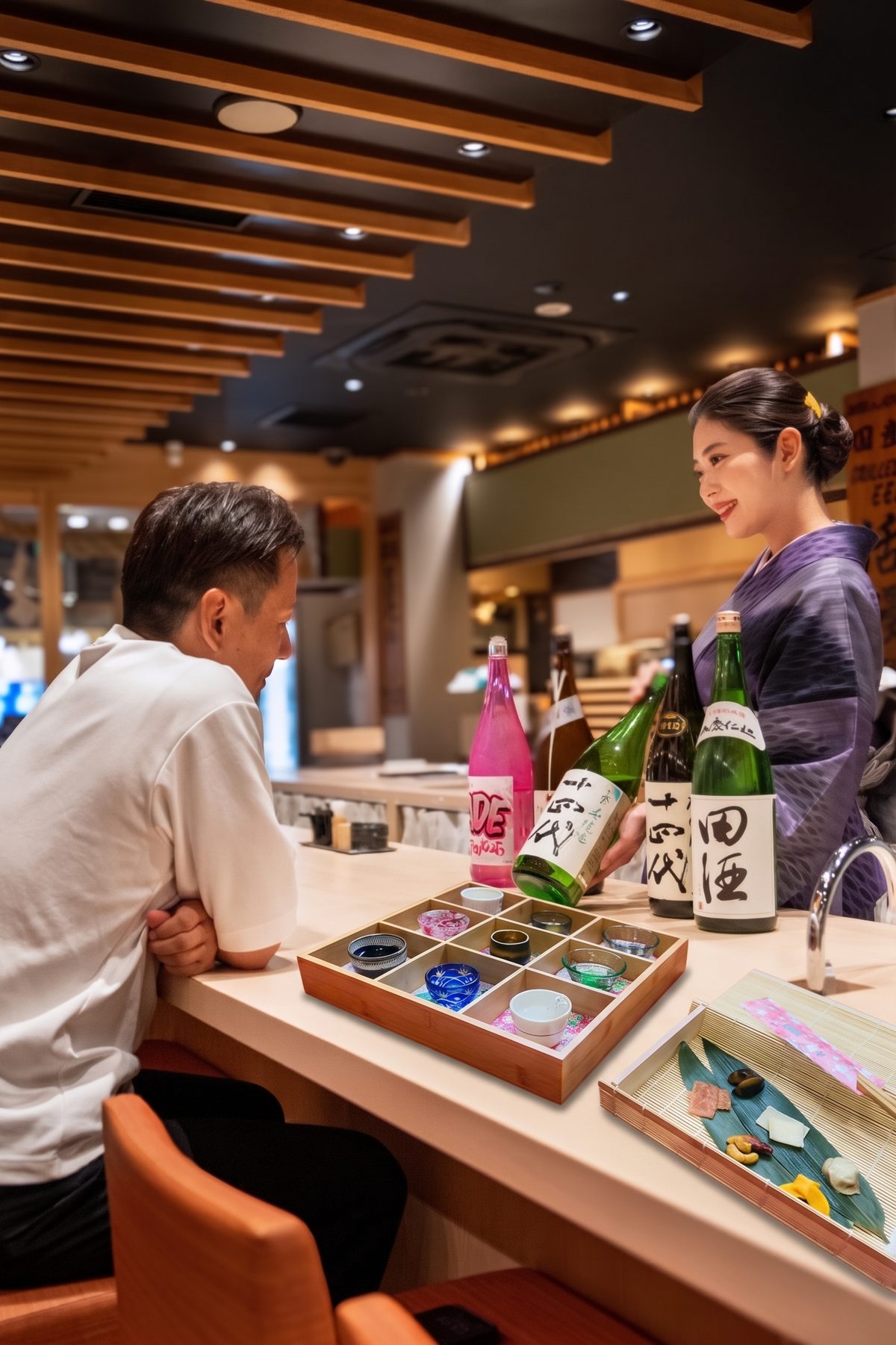 A sake instructor in kimono presenting bottles across the counter to a guest